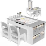 Ensemble table et chaise enfant en bois - suteo - table r�versible - 6 bo�tes de rangement - rouleau ...