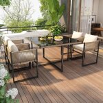 Ensemble table et chaises de jardin 5 pi�ces avec cordes fines fer forg� et plateau en verre de s�curit� ...
