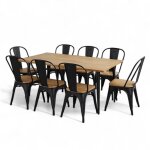 Ensemble table et chaises style industriel m�tal noir mat et bois naturel clair 160x80 cm
