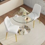 Ensemble table et chaises - table en verre 85 cm - 2 chaises pu blanc - pieds dor�s - argent
