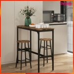 Ensemble table haute de bar + 2 tabourets - akozon - 9713 - structure acier noir - plateau effet bois ...