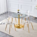 Ensemble table � manger avec chaises - table ronde 85 cm - verre tremp� - 4 chaises transparentes - or ...