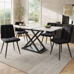 Ensemble table � manger extensible 120 - 160cm effet marbre blanc + 4 chaises velours noir - set salle ...