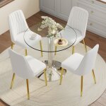 Ensemble table � manger - table en verre 85 cm - 4 chaises pu blanc - pieds dor�s - argent