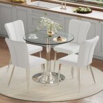 Ensemble de table � manger moderne - table en verre de s�curit� - diam�tre 85 cm - 4 chaises en pu blanc ...