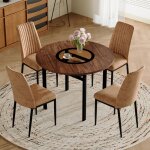 Ensemble table � manger ronde �100 cm avec 4 chaises marron en tissu technologique effet bois brun avec ...