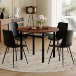 Ensemble table � manger ronde �100 cm effet bois brun avec insert verre et 4 chaises pu noirpour cuisine ...