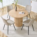 Ensemble table � manger ronde 100cm + 4 chaises en pu gris chaud - redom - plateau mdf effet bois naturel ...