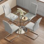 Ensemble table � manger - table en verre 85 cm - 4 chaises - gris clair - m�tal argent� - cuir pu