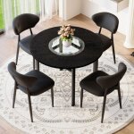 Ensemble de table ronde - table ronde 100 cm - 4 fauteuils noirs - verre tremp� - design minimaliste
