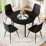 Ensemble de table ronde - 100 cm - 4 fauteuils pu noirs - verre tremp� - aspect bois noir