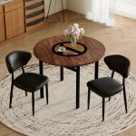 Ensemble de table ronde - 100 cm - marron + noir - verre tremp� - cuir pu - 4 � 6 personnes