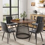 Ensemble table ronde 5pces 80cm pi�tement m�tal noir plateau mdf effet noyer 4 chaises en velours set ...