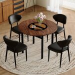 Ensemble de table ronde - 100 cm - marron et noir - verre tremp� - cuir pu - 4 fauteuils