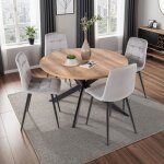 Ensemble table ronde naturel + 4 chaises en velours gris - dialo