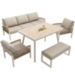 Ensemble de terrasse complet 7 places canap� 2 fauteuils banquette table verre coussins �pais 8 cm lavable ...