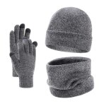 Ensemble trois pices - tricot - gris clair - bonnet charpe et gants - doubl en peluche - taille unique ...