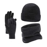 Ensemble trois pi�ces - tricot� - gris fonc� - bonnet �charpe et gants - doubl� en peluche - taille unique ...