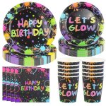 Ensemble de vaisselle fluo pour f�te danniversaire96 pi�cesd�corations de f�te color�es et lumineusesavec ...