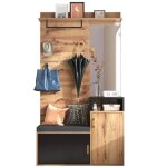 Ensemble de vestiaires - bois et noir - 4 patères - miroir - armoire à chaussures Ensemble de vestiaires - bois et noir - 4 patères - miroir - armoire à chaussures