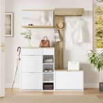 Ensemble de vestiaire dentr�e 4 pi�ces 130x30x174cm - meuble � chaussures banc miroir et panneau mural ...