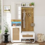 Ensemble vestiaire - dreammespace - miroir led - 3 portes - banc int�gr� - 110x38x190cm - blanc et bois ...