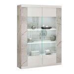 Eros - vitrine 2 portes blanc eclairage led int�gr� avec d�cor lat�ral aspect marbre