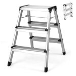 Escabeau pliant 3 marches en aluminium costway - double marchepied - larges p�dales et patins antid�rapants ...
