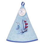 Essuie main rond en �ponge tissage jacquard voilier et mouette bleu ciel qualit� premium