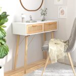 Table console - estink - 80x30x75 cm - bois massif pin - rotin naturel - blanc Table console - estink - 80x30x75 cm - bois massif pin - rotin naturel - blanc