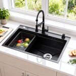 �vier de cuisine 1 bac + 1 �gouttoir + 1 planche � d�couper 75x45x25 cm double robinet silencieux