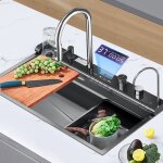 �vier de cuisine bross� 75x45cm avec robinet extensible distributeur de savon et lave - gobelet affichage ...