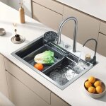 �vier de cuisine encastr� 60x45 cm acier inox - multifonctionnel cascade lave - tasses robinet m�langeur ...