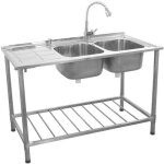 Evier professionnel sur pied à doubles bacs inox avec etagère de rangement inférieure et robinet - kukoo ... Evier professionnel sur pied à doubles bacs inox avec etagère de rangement inférieure et robinet - kukoo ...