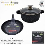 Faitout / po�le 32cm - volksuchen klaus - antiadh�sif - effet pierre - couvercle en verre