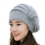 Fashion womens fleur tricot bonnet crochet hat winter warm cap beret enfant femmegris