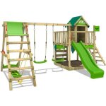 Fatmoose aire de jeux portique bois jazzyjungle avec balanoire surfswing et toboggan vert pomme maison ...