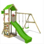Fatmoose aire de jeux portique bois kiwikey avec balanoire et toboggan vert pomme maison enfant extrieure ...