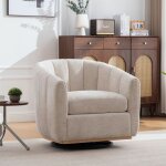 Fauteuil baril beige en tissu chenille - rotation 360� pieds m�talliques d�coration de franges id�al ...