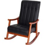 Fauteuil � bascule rocking chair relax avec accoudoirs en simili cuir noir cadre aspect noyer - rela