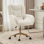 Fauteuil de bureau pivotant r�glable 64 x 62 x 925 cm ? tissu teddy blanc base m�tal dor� roulettes 360� ...