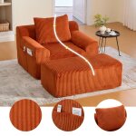 Canap� - fauteuil grand mod�le en velours c�tel� orange ? assise profonde repose - pieds livr� mont�