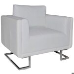 Fauteuil chaise si�ge lounge design club sofa salon cube avec pieds chrom�s cuir synth�tique blanc