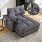 Fauteuil palmier 1 place velours c�tel� gris avec appui - t�te poches lat�rales et port usb