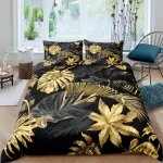 Parure de lit - tropical - noir et or - housse de couette 240x260 cm - 2 taies 65x65 cm - microfibre Parure de lit - tropical - noir et or - housse de couette 240x260 cm - 2 taies 65x65 cm - microfibre