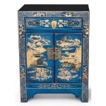 Fine asianliving table de chevet chinoise bleue peinte � la main avec sc�ne de village l40xp32xh60cm