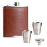 Flasque en acier inoxydable cuir marron 8oz avec 3 tasses et entonnoir