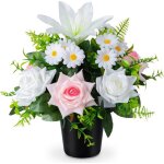 Fleurs artificielles en pot pour tombe - holisane - rose lys marguerite - rose et blanc - 20x20x28 cm ...
