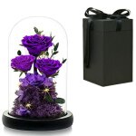 Fleur artificielle - violet - rose eternelle sous cloche - lumires led - base en pin - dcoration romantique ...