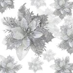 Fleur de no�l artificielle - d�coration no�l - 20 poinsettias argent - poly�thyl�ne - scintillantes